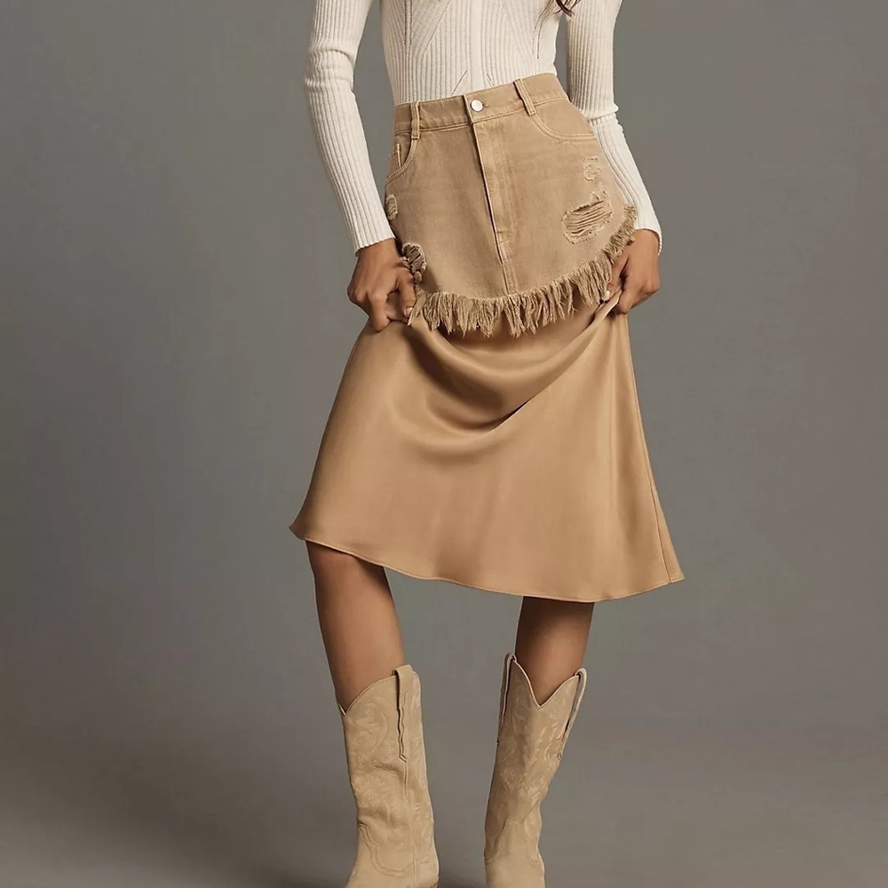 Pilcro Twofer Slip Midi Tan A-Line Skirt with Fringe Rodeo Cowgirl